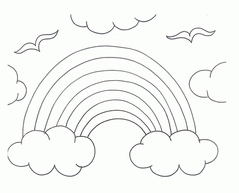 Regenbogen wolken und Vögel Ausmalbild