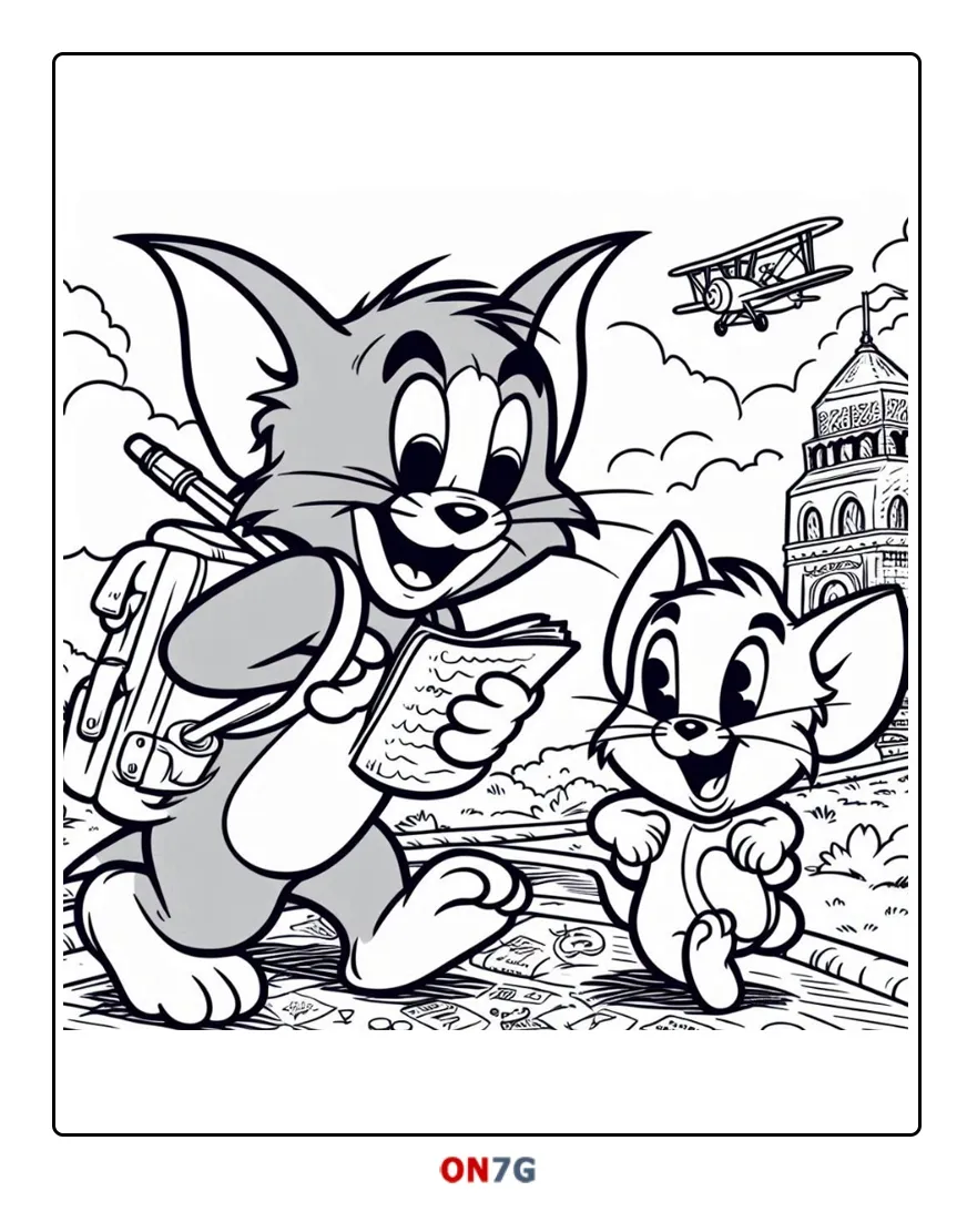 Tom und Jerry lesen ein Buch Ausmalbild