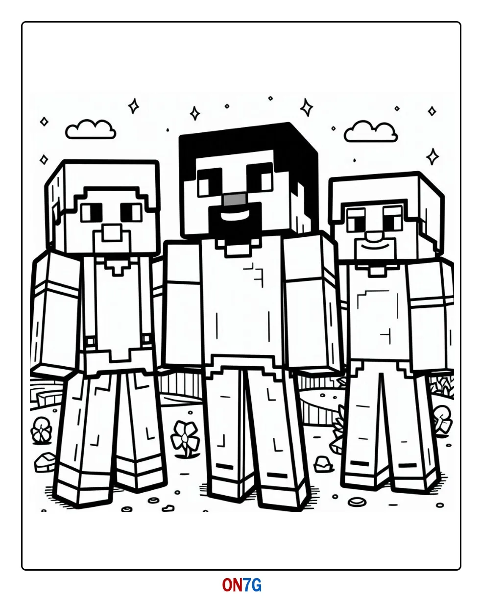 Minecraft Steve und seine drei Freunde posieren Ausmalbild